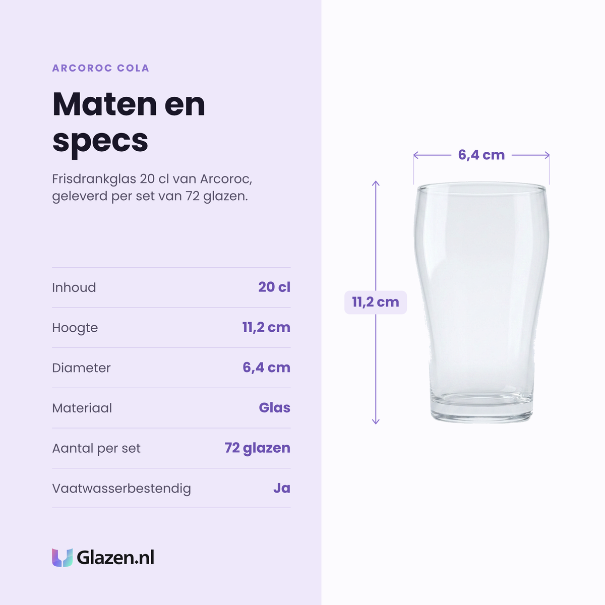 Arcoroc Cola frisdrankglas 20 cl specificaties: inhoud 20 cl, hoogte 11,2 cm, diameter 6,4 cm, glas, set van 72