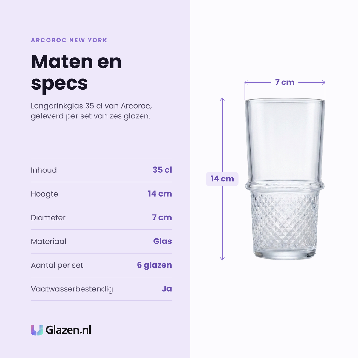 Arcoroc New York longdrinkglas 35 cl specificaties: inhoud 35 cl, hoogte 14 cm, diameter 7 cm, glas, set van 6
