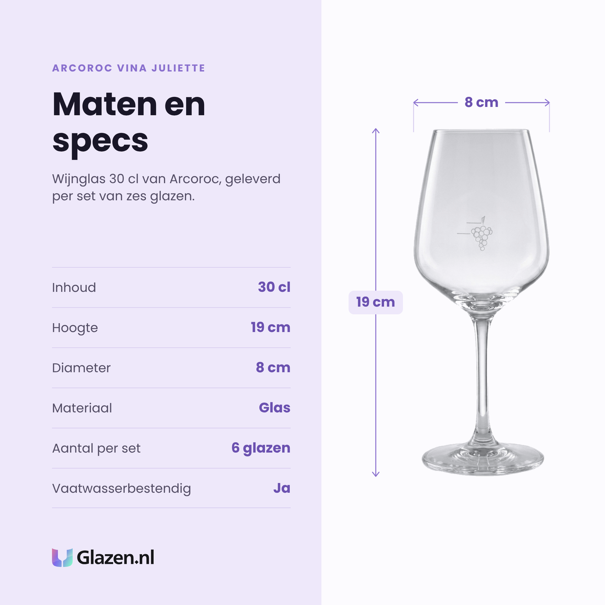 Arcoroc Vina Juliette wijnglas 30 cl specificaties: inhoud 30 cl, hoogte 19 cm, diameter 8 cm, glas, set van 6