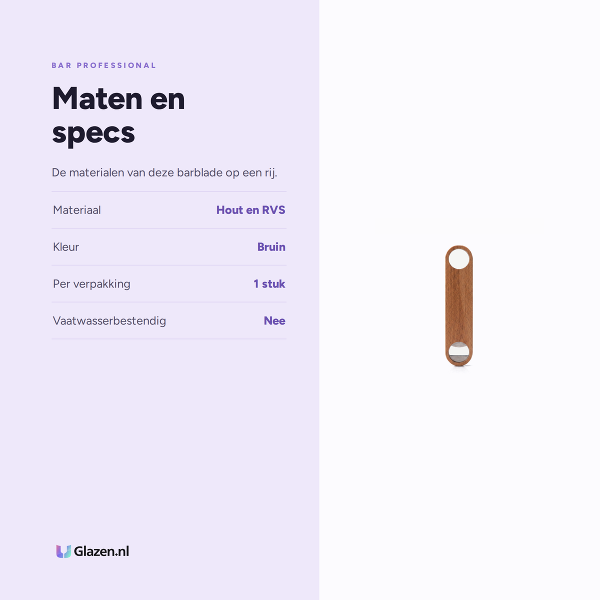 Infographic met de maten en specificaties van Bar Professional Barblade Flesopener Hout