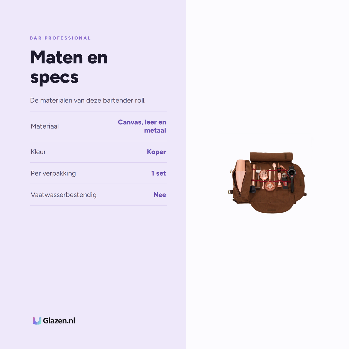 Infographic met de maten en specificaties van Bar Professional Bartender Roll Compleet Koper