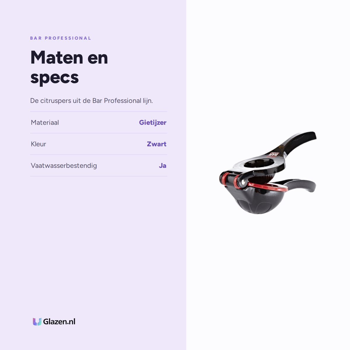 Maten en specs van Bar Professional Citruspers Gietijzer Zwart