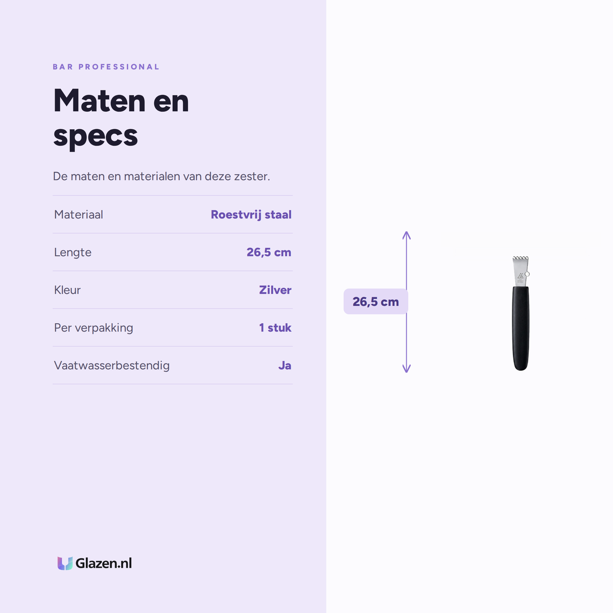 Infographic met de maten en specificaties van Bar Professional Citruszester RVS