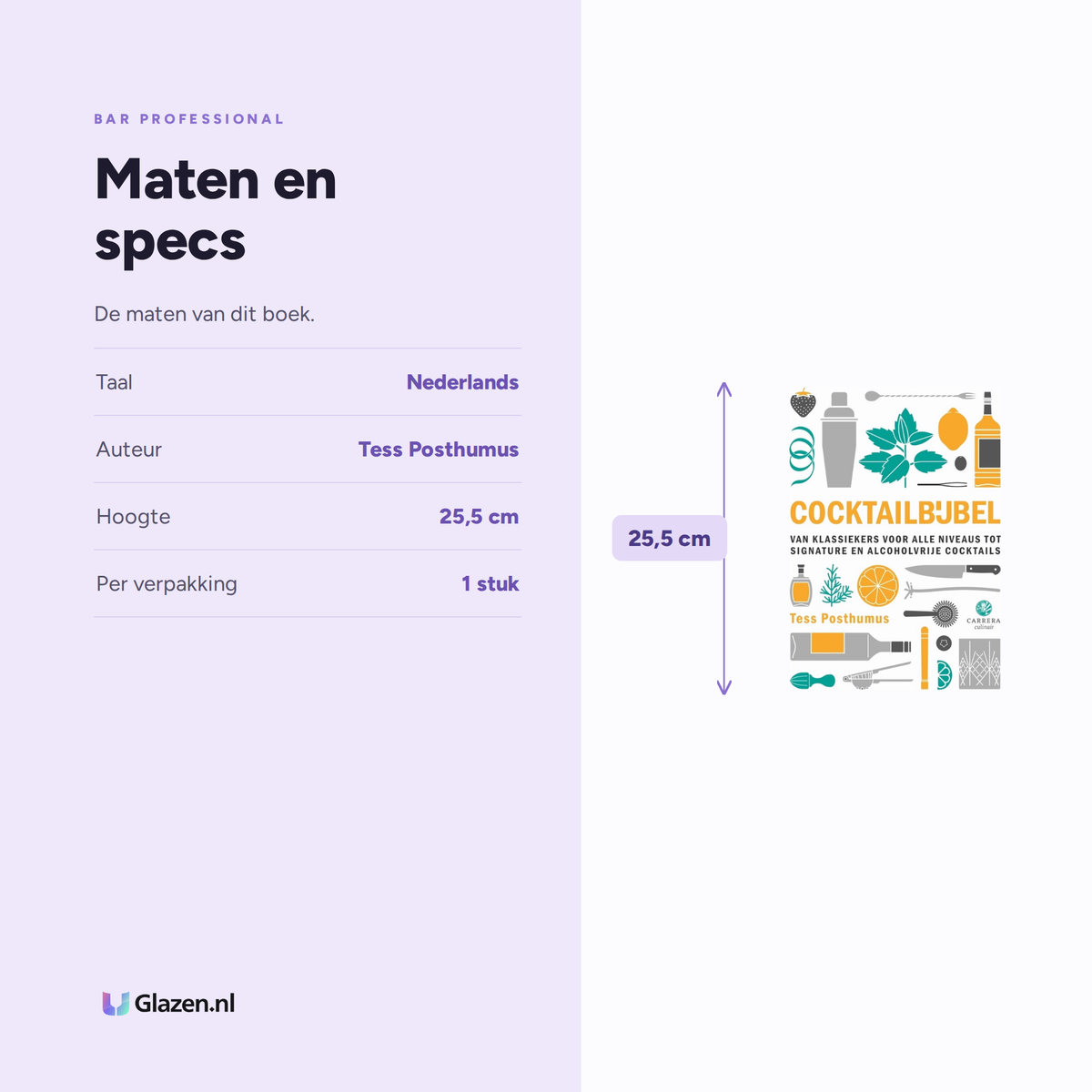 Infographic met de maten en specificaties van Bar Professional Cocktailbijbel Tess Posthumus Boek