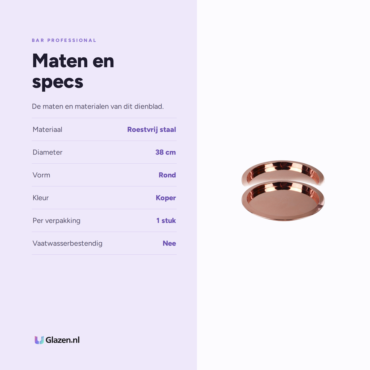Infographic met de maten en specificaties van Bar Professional Dienblad Koper 38 cm