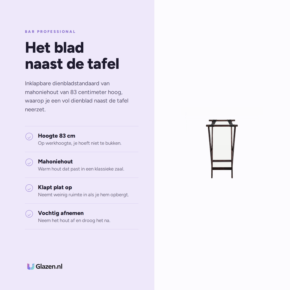 Infographic met de eigenschappen van Bar Professional Dienbladstandaard Mahonie Hout 83 Cm