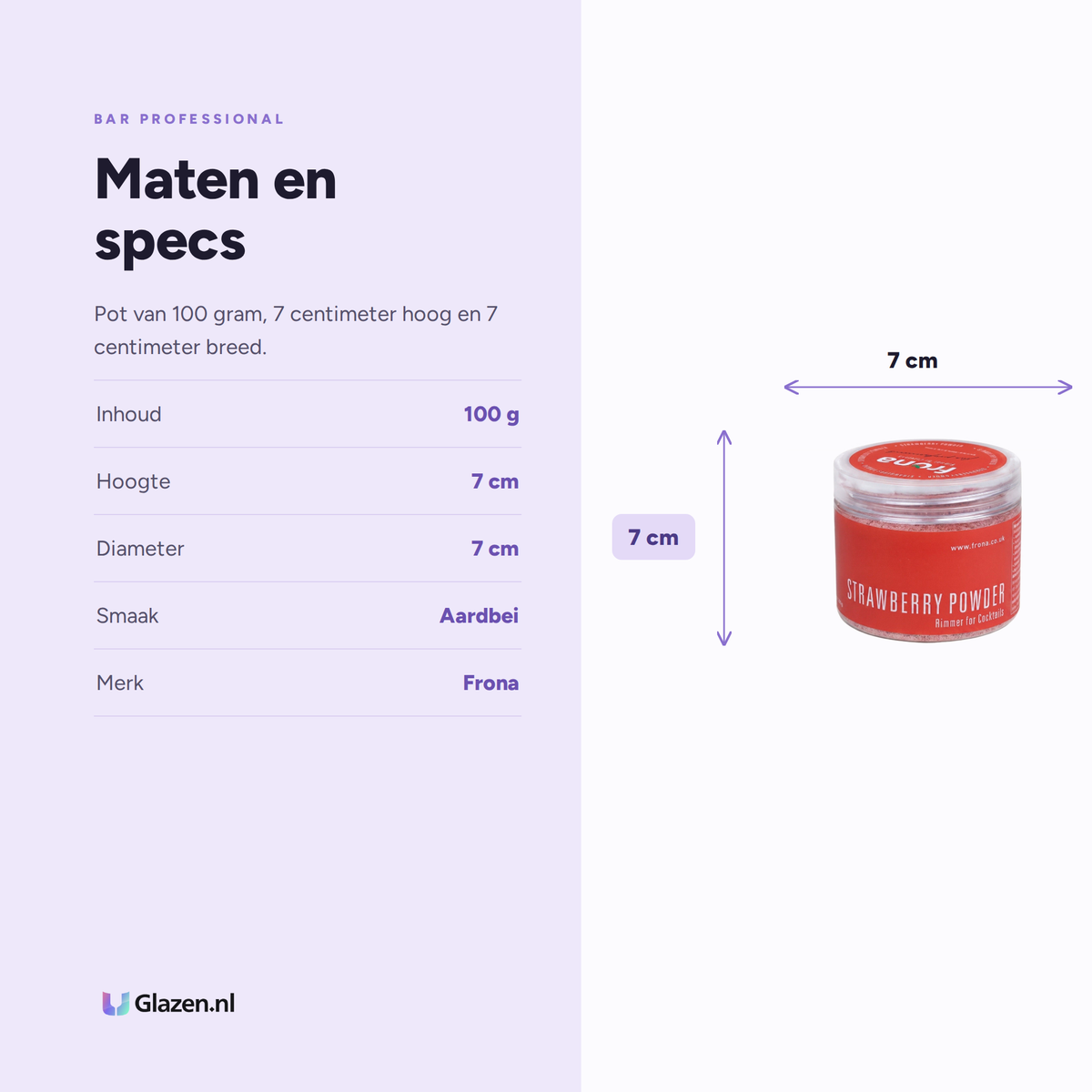 Maten en specificaties van de Frona glasrimmer met aardbei van 100 gram