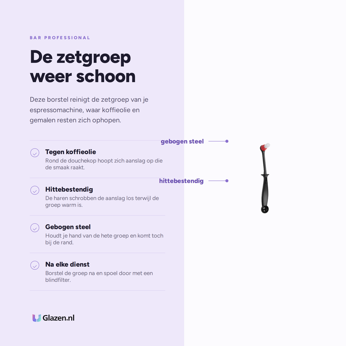 Infographic met de eigenschappen van Bar Professional Groepborstel Espressomachine Zwart