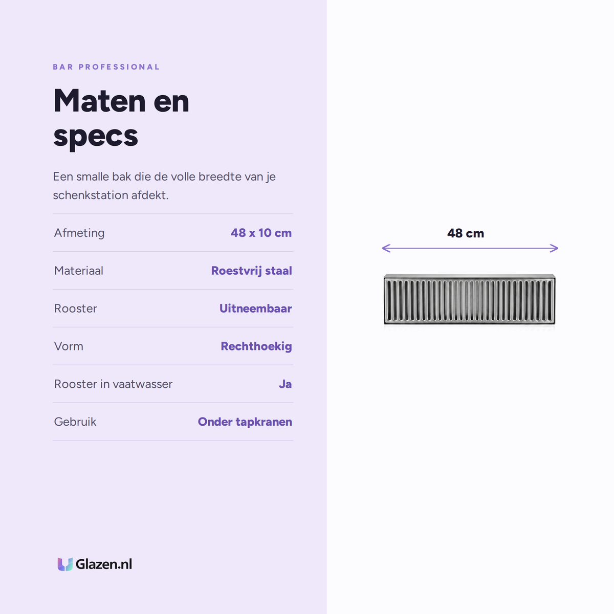 Maten en specificaties van de Bar Professional rvs lekbak 48 bij 10 cm