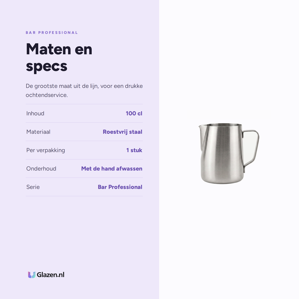 Infographic met de maten en specificaties van de Bar Professional Melkkan RVS 100 Cl