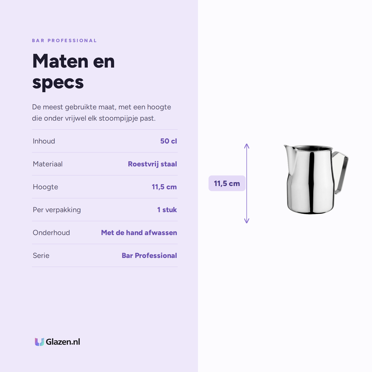 Infographic met de maten en specificaties van de Bar Professional Melkkan RVS 50 Cl