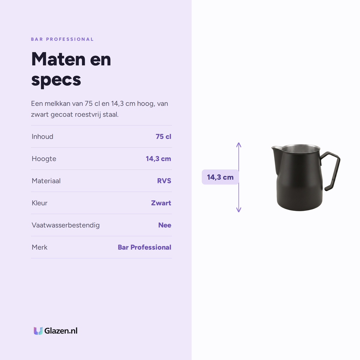 Maten en specificaties van Bar Professional Melkkan RVS Zwart 75 Cl