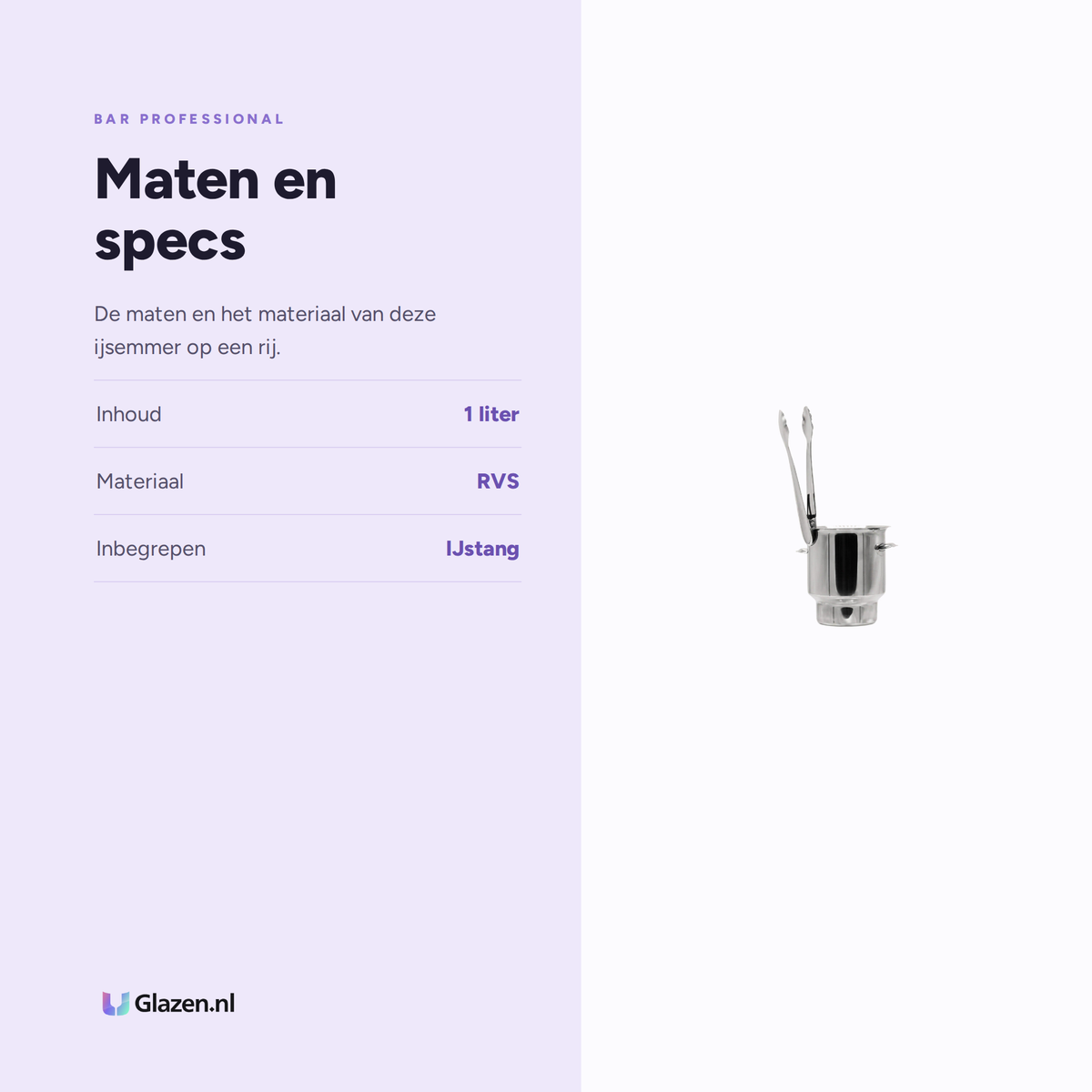 Maten en specificaties van Bar Professional Mini IJsemmer met Tang RVS 1 Liter