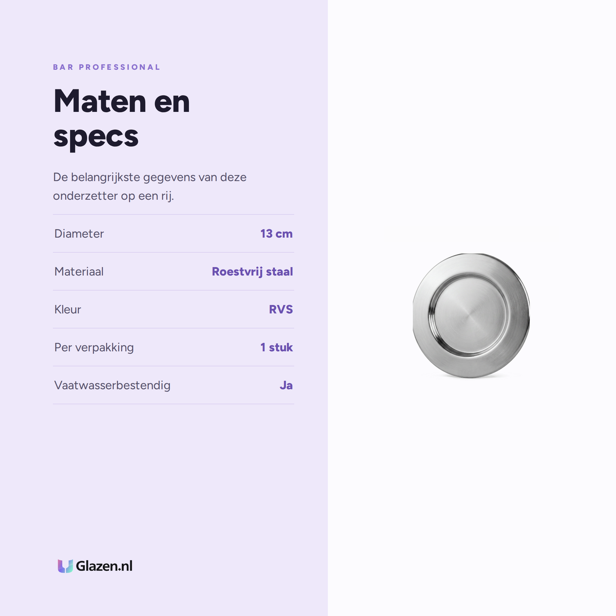 Maten en specificaties van Bar Professional Onderzetter RVS 13 cm