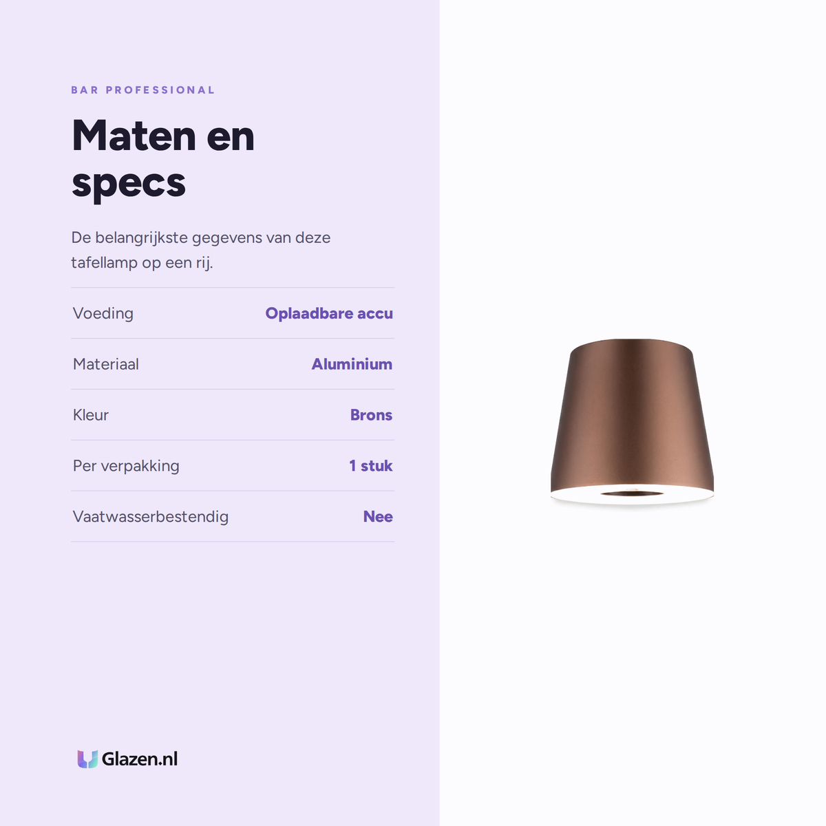 Maten en specificaties van Bar Professional Portable LED Tafellamp Brons