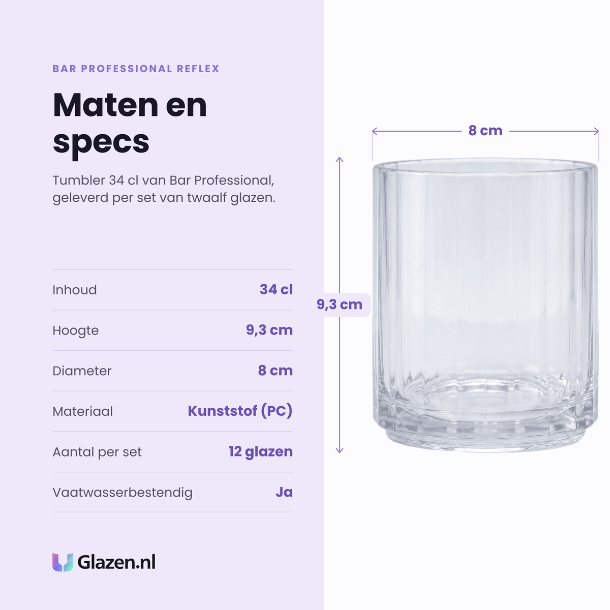Bar Professional Reflex tumbler 34 cl specificaties: inhoud 34 cl, hoogte 9,3 cm, diameter 8 cm, kunststof, set van 12