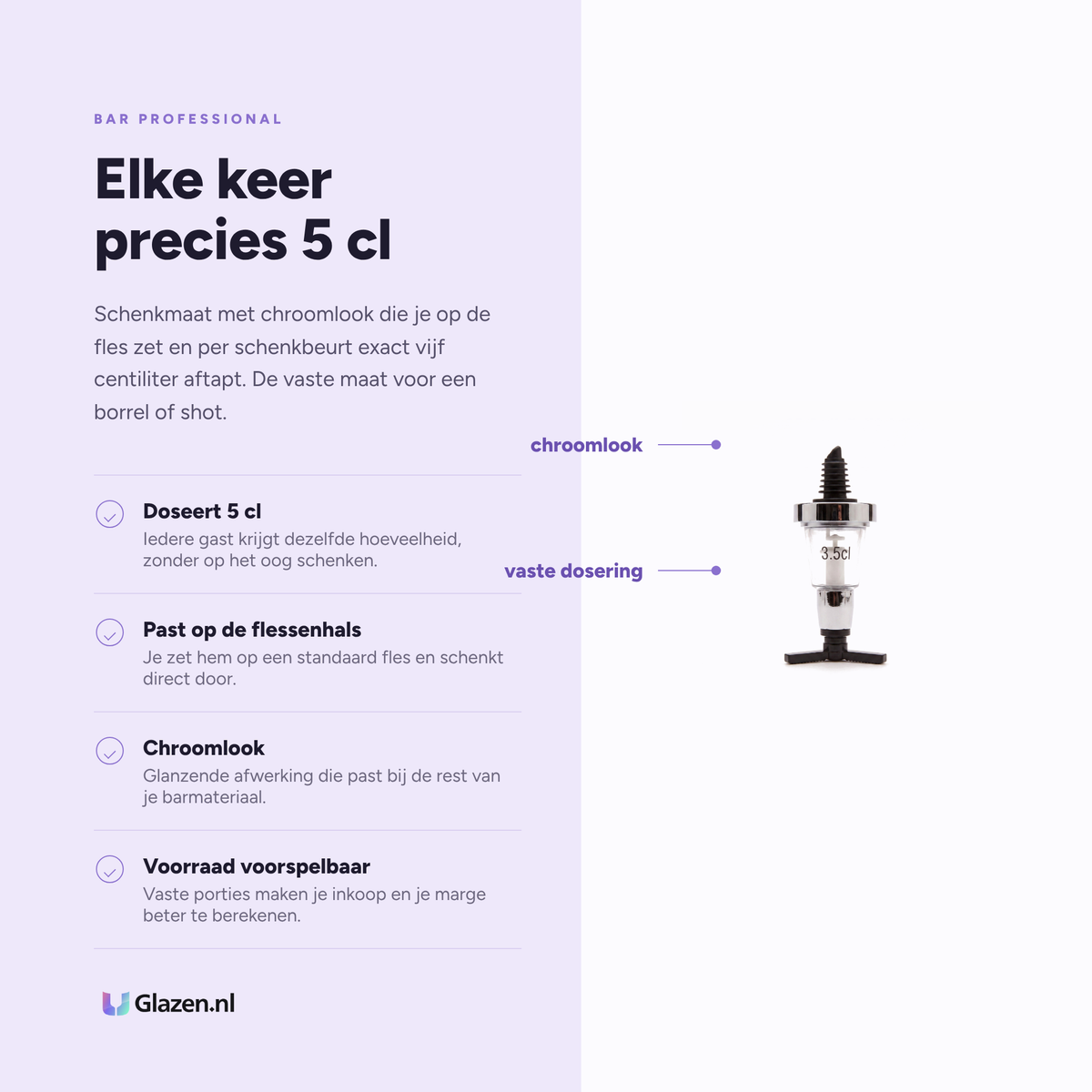 Infographic met de eigenschappen van Bar Professional Schenkmaat Chroom 5 Cl