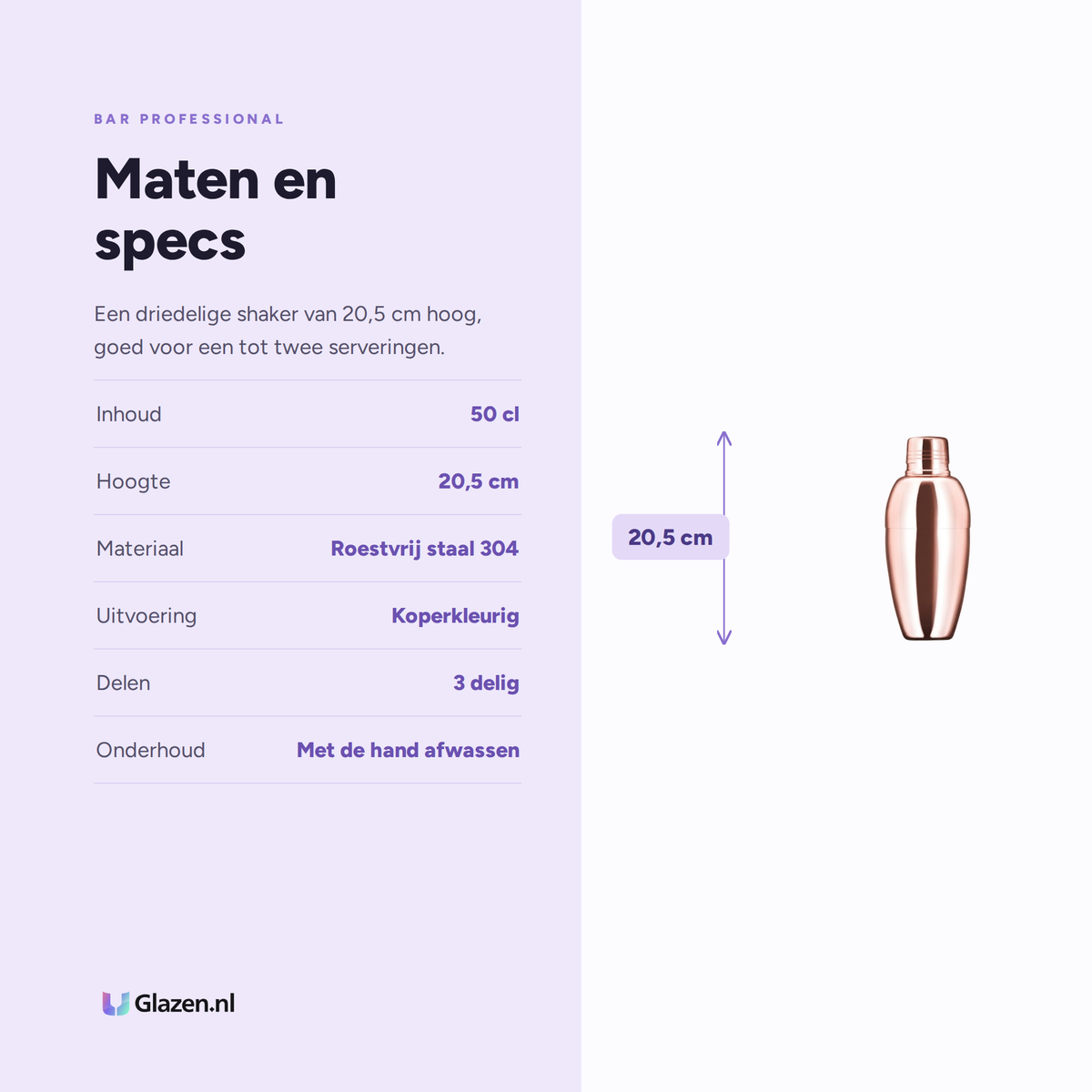 Infographic met de maten en specificaties van de Bar Professional Speakeasy Cobbler Shaker Koper 50 Cl