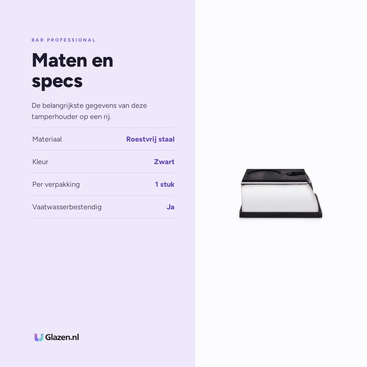 Maten en specificaties van Bar Professional Tamperhouder RVS Zwart