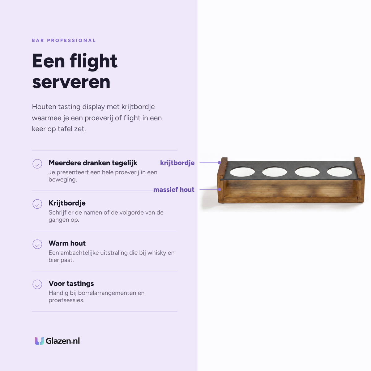 Bar Professional Tasting Display Caddy Hout eigenschappen: meerdere dranken tegelijk, krijtbordje, warm hout, voor tastings