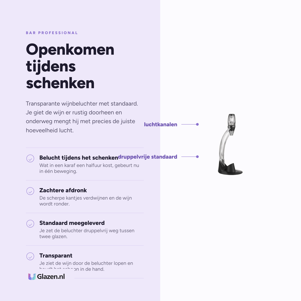 Infographic met de eigenschappen van Bar Professional Wijnbeluchter Set Transparant