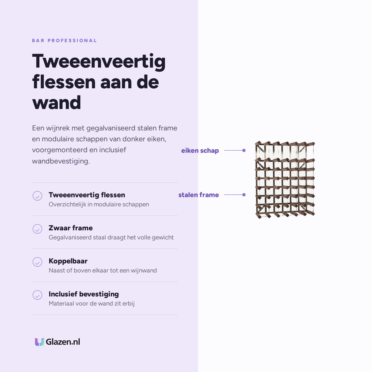 Eigenschappen van het wijnrek voor tweeenveertig flessen in donker eiken van Bar Professional