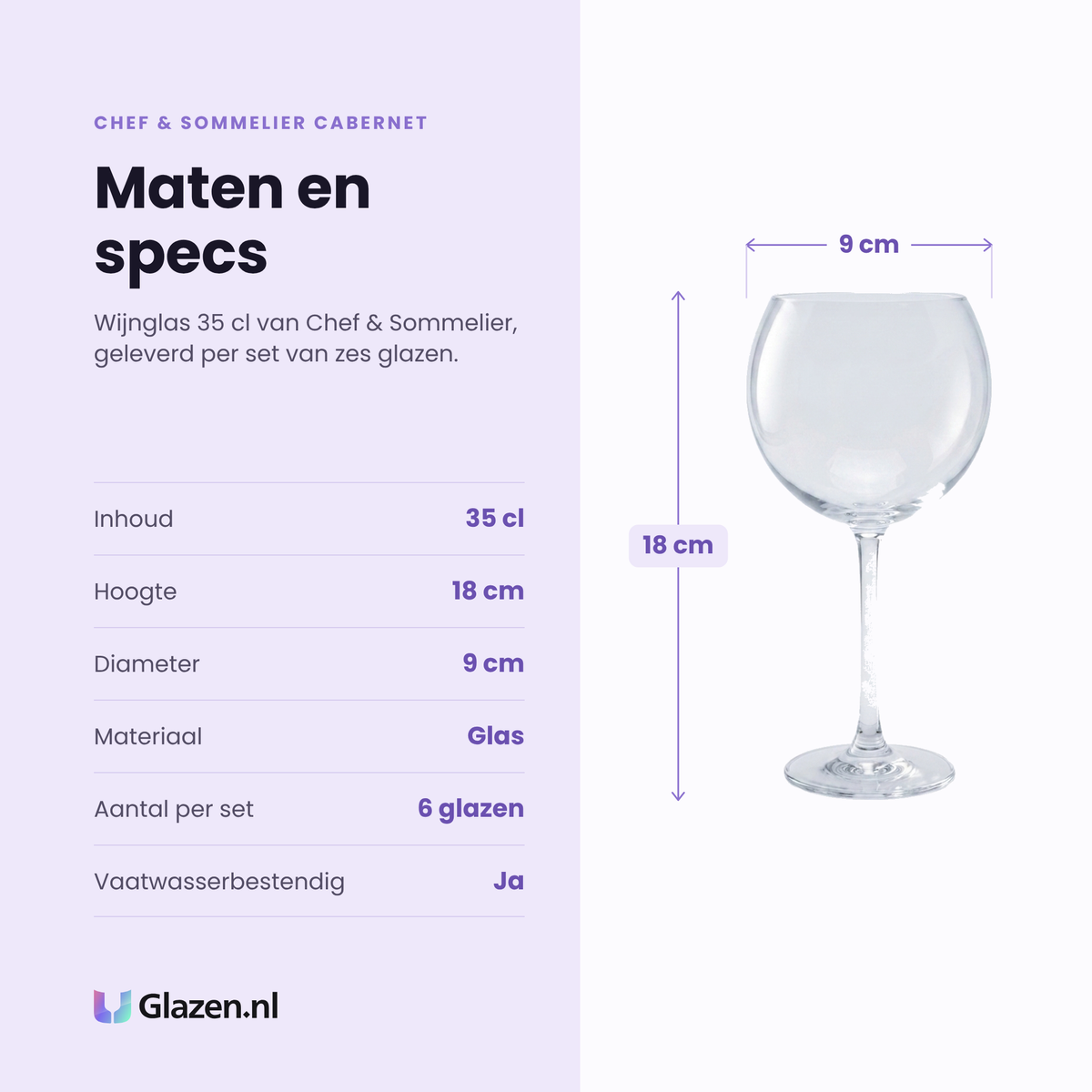 Chef & Sommelier Cabernet Ballon wijnglas 35 cl specificaties: inhoud 35 cl, hoogte 18 cm, diameter 9 cm, glas, set van 6