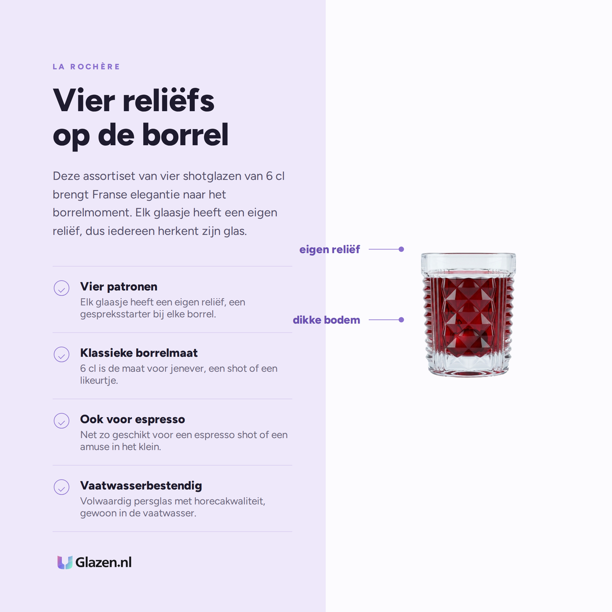 Infographic met de eigenschappen van La Rochère Shotglazen 6 Cl Assorti - 4 Stuks