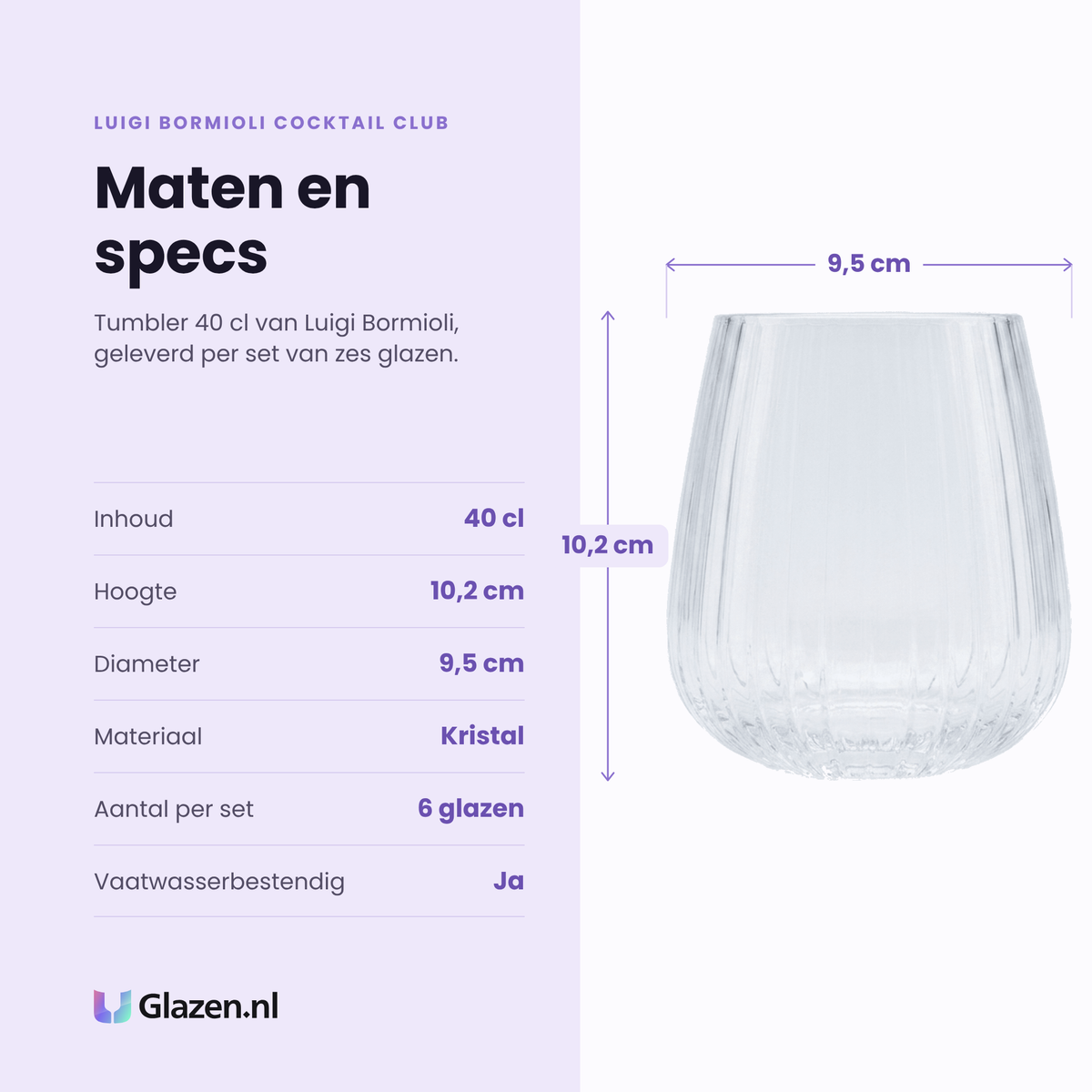 Luigi Bormioli Cocktail Club tumbler 40 cl specificaties: inhoud 40 cl, hoogte 10,2 cm, diameter 9,5 cm, kristal, set van 6