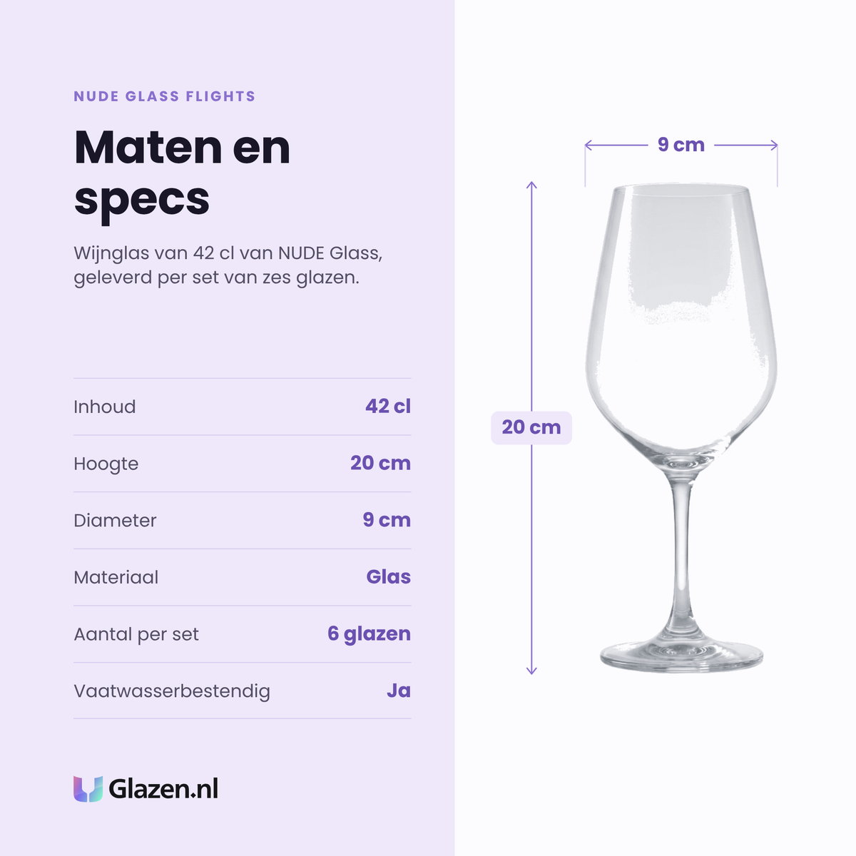 Nude Glass Flights wijnglas 42 cl specificaties: inhoud 42 cl, hoogte 20 cm, diameter 9 cm, glas, set van 6