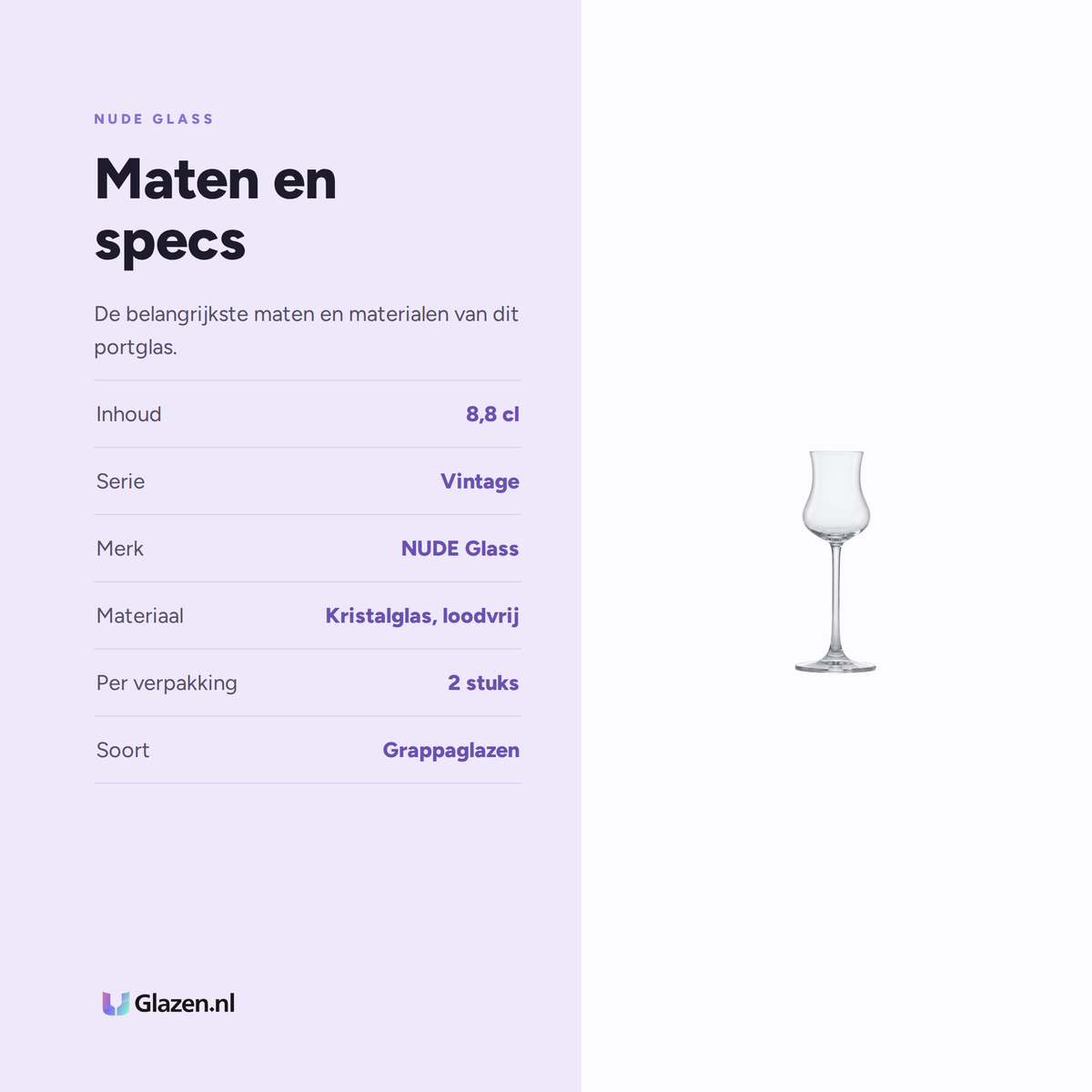 Infographic met de maten en specificaties van Nude Glass Vintage Portglas / Grappaglas 8,8 Cl - 2 Stuks