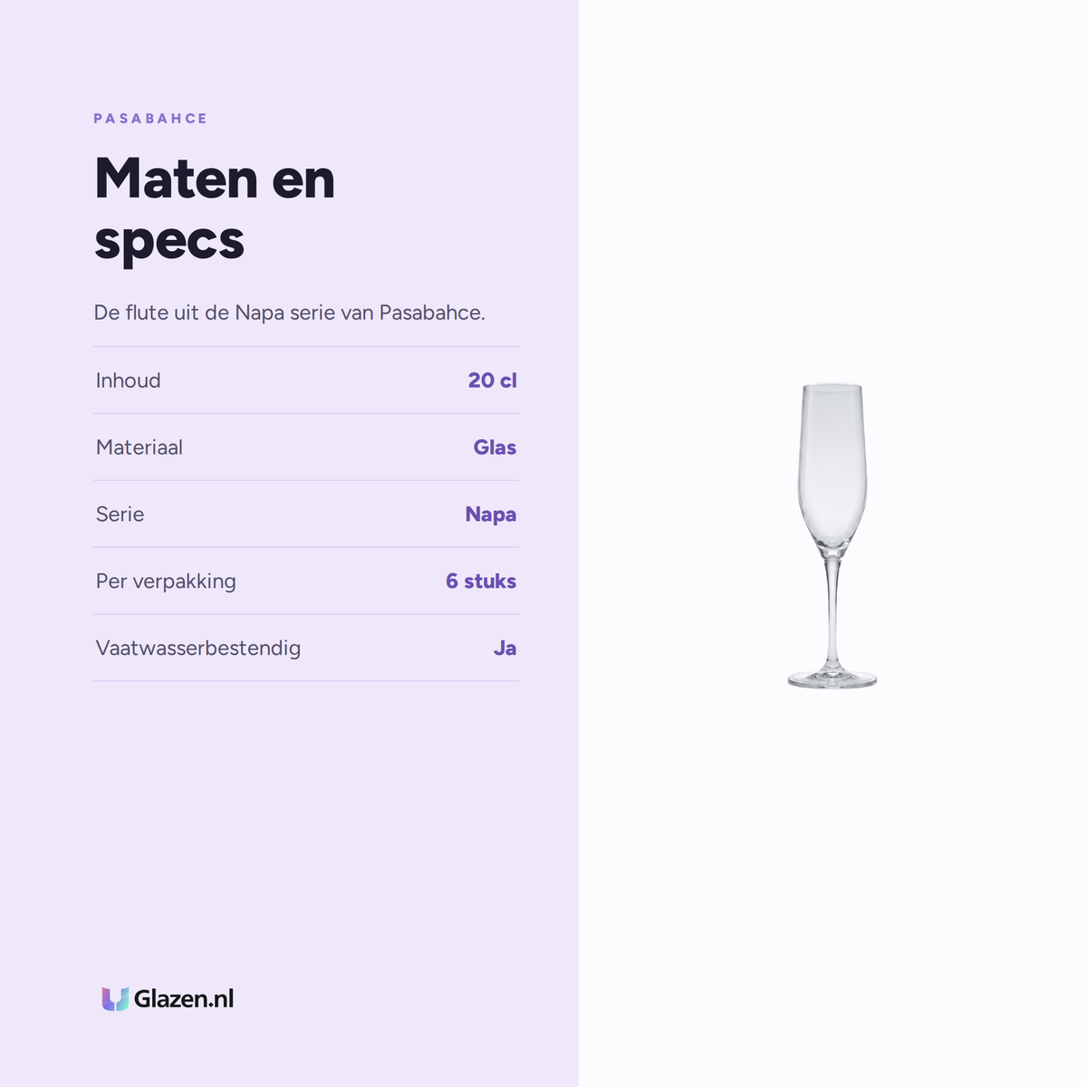 Maten en specs van Pasabahce Napa Champagneflute 20 Cl