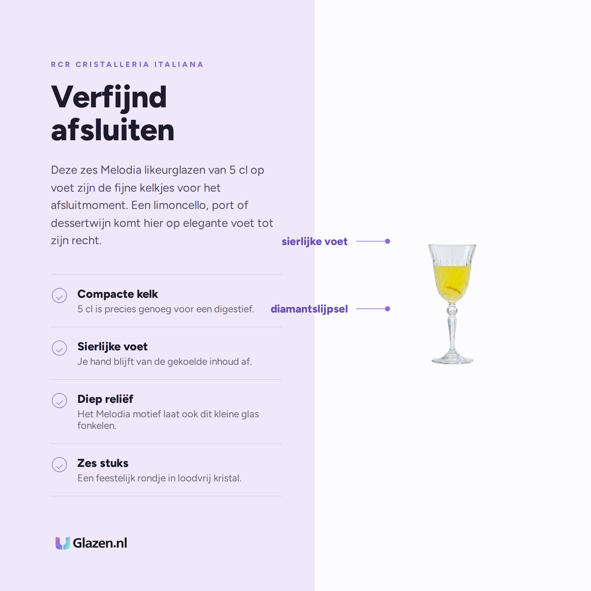 Eigenschappen van de RCR Melodia Likeurglas 5 Cl Op Voet, 6 Stuks