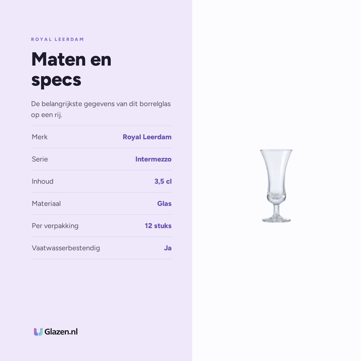 Maten en specificaties van de Royal Leerdam Intermezzo Borrelglas 3,5 Cl Met Maatstreep Tuba - 12 Stuks