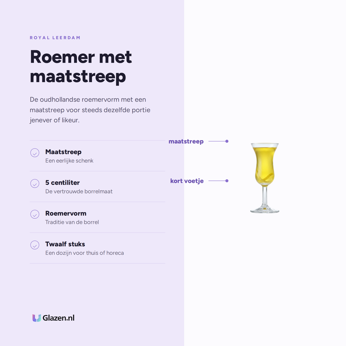 Eigenschappen van de Royal Leerdam Intermezzo Borrelglas 5 Cl Oudhollandse Roemer Met Maatstreep - 12 Stuks