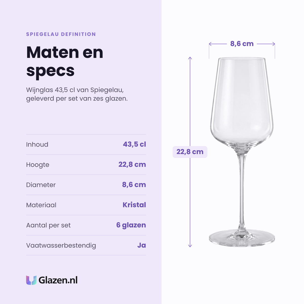 Spiegelau Definition wijnglas 43,5 cl specificaties: inhoud 43,5 cl, hoogte 22,8 cm, diameter 8,6 cm, kristal, set van 6