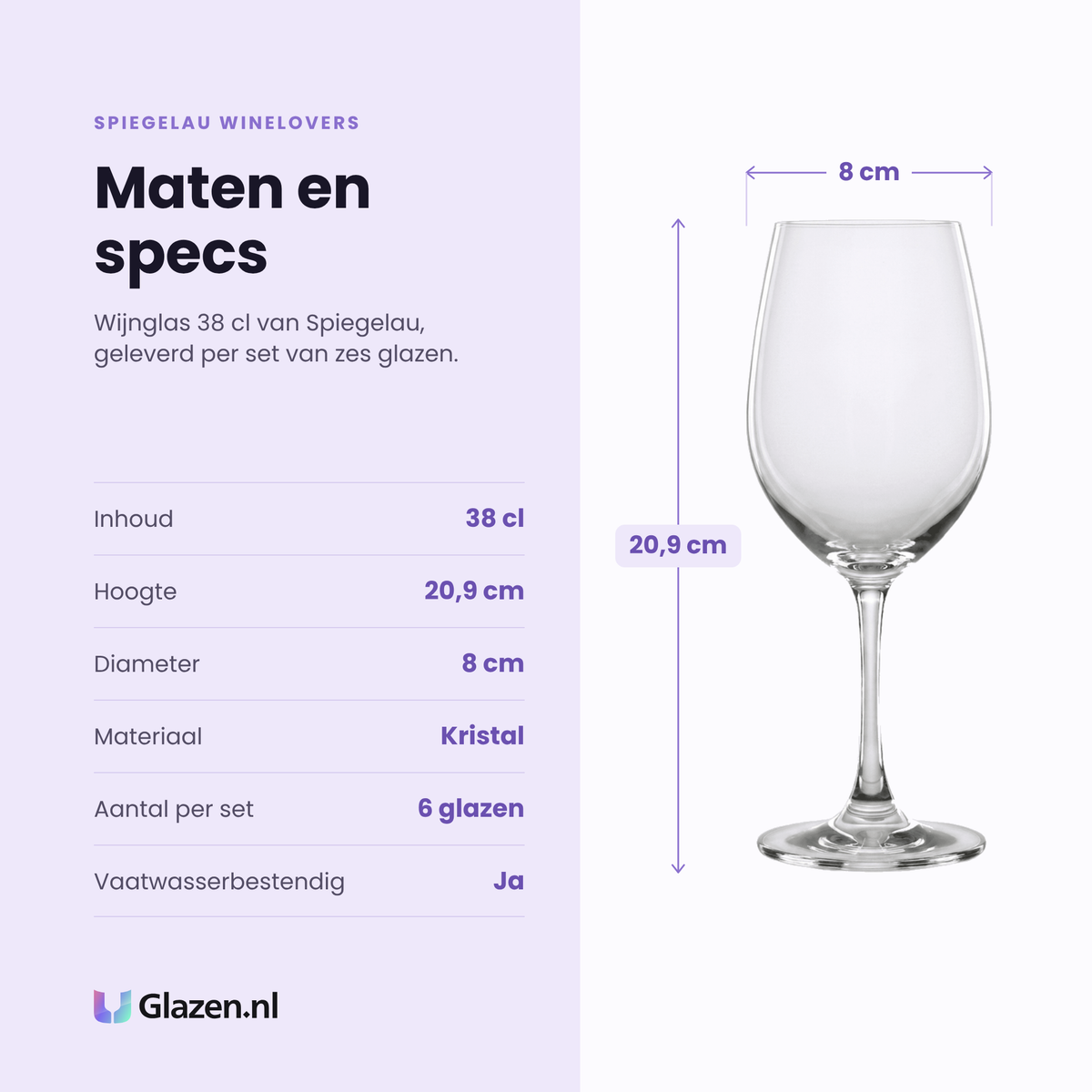 Spiegelau Winelovers wijnglas 38 cl specificaties: inhoud 38 cl, hoogte 20,9 cm, diameter 8 cm, kristal, set van 6