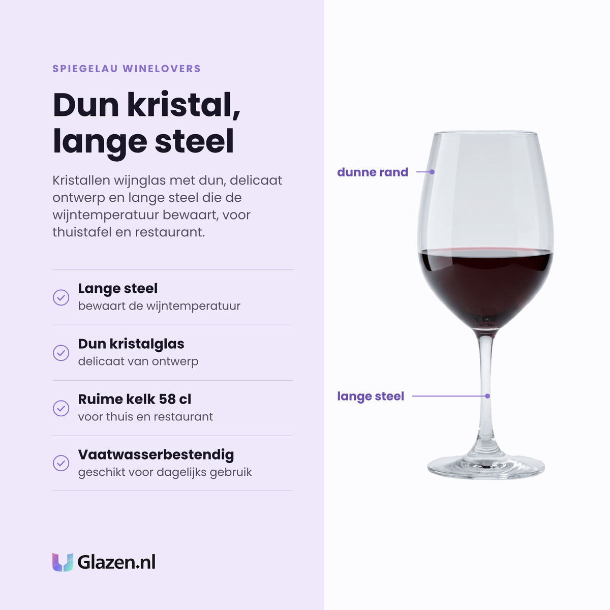 Spiegelau Winelovers wijnglas 58 cl eigenschappen: lange steel, dun kristalglas, ruime kelk van 58 cl, vaatwasserbestendig