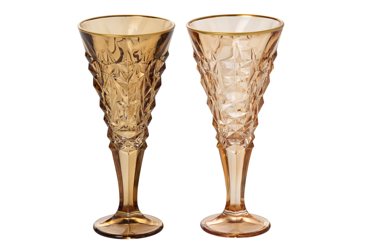 J-Line Large Champagne Glass with Embossed Gold Rim Ochre Yellow/Bronze Assorted - 2 Pieces