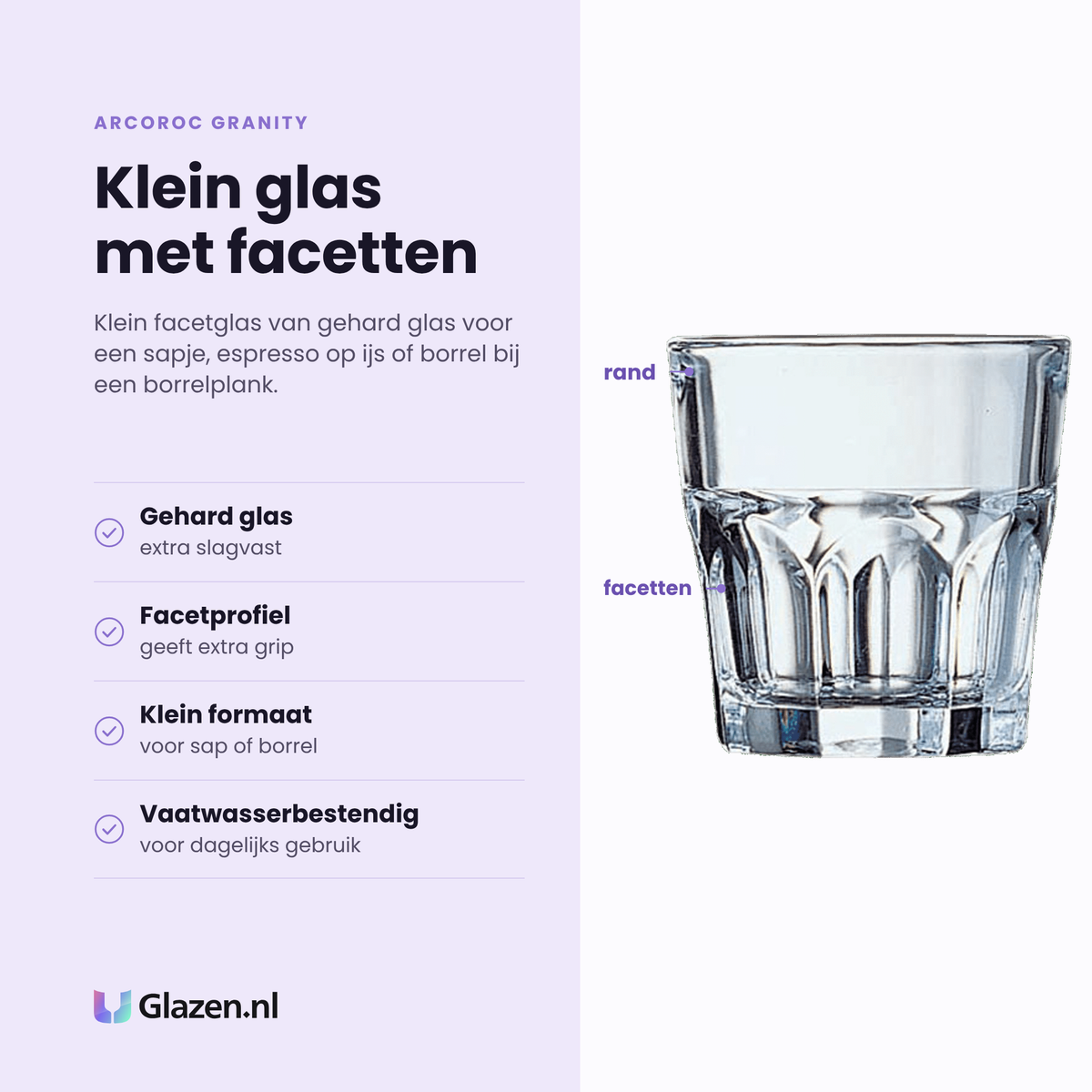 Arcoroc Granity tumbler 16 cl eigenschappen: gehard glas, facetprofiel, klein formaat, vaatwasserbestendig