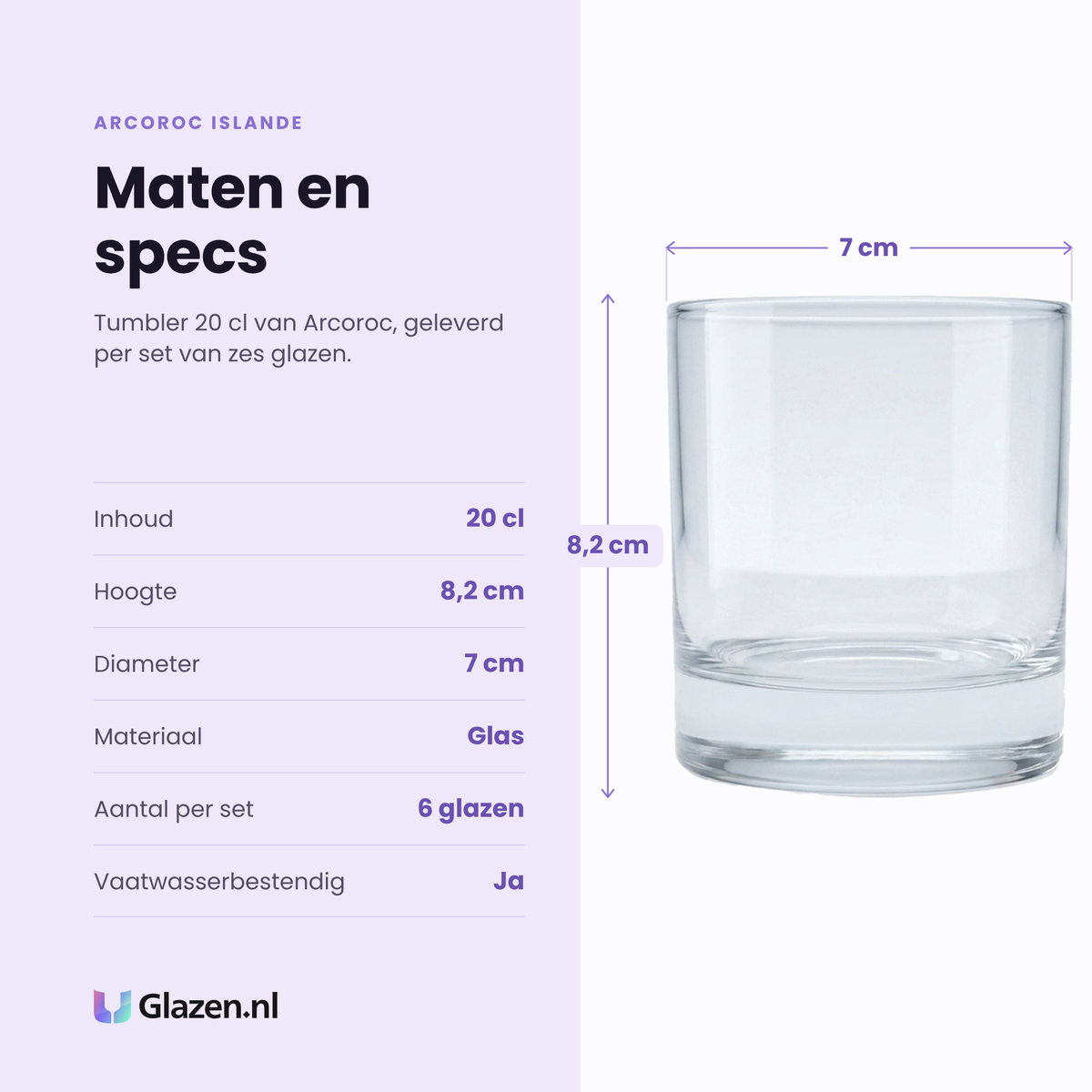 Arcoroc Islande tumbler 20 cl specificaties: inhoud 20 cl, hoogte 8,2 cm, diameter 7 cm, glas, set van 6