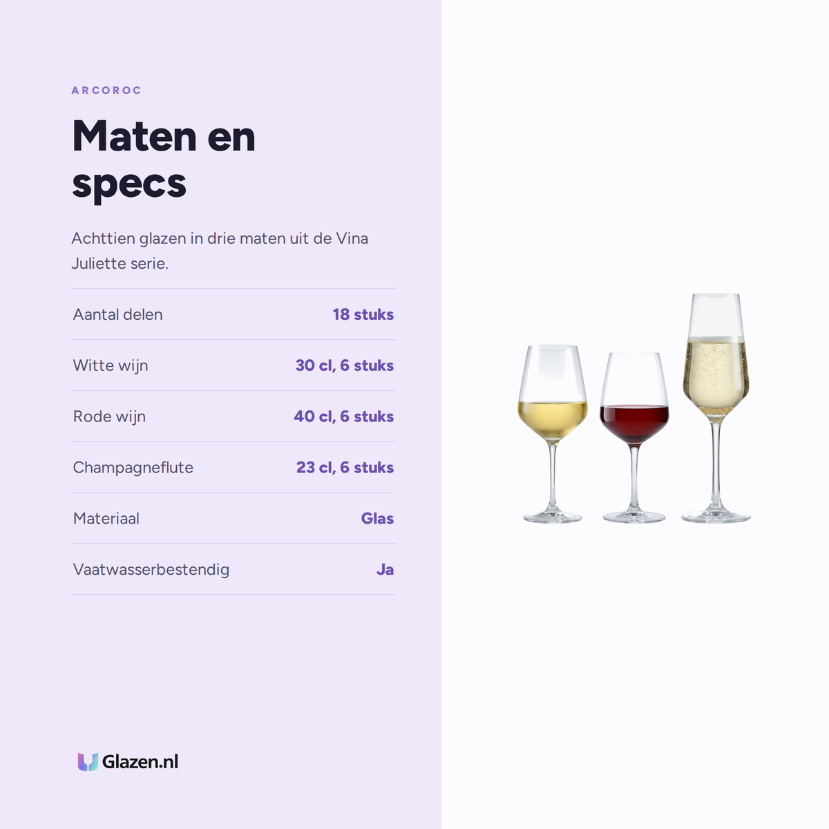 Maten en specificaties van de Arcoroc Vina Juliette Wijnset 18-Delig (Wit, Rood & Champagne)