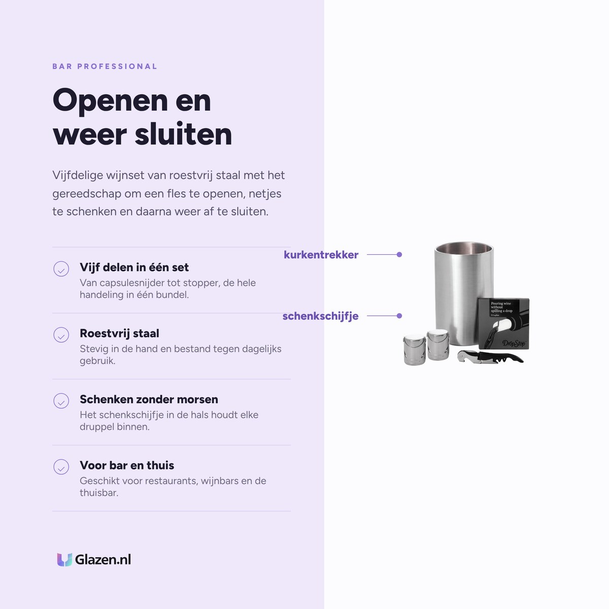 Infographic met de eigenschappen van Bar Professional Bordeaux Wijnset 5-Delig