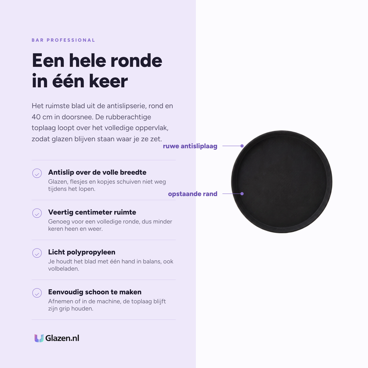 Infographic met de eigenschappen van Bar Professional Dienblad Antislip Zwart 40 cm