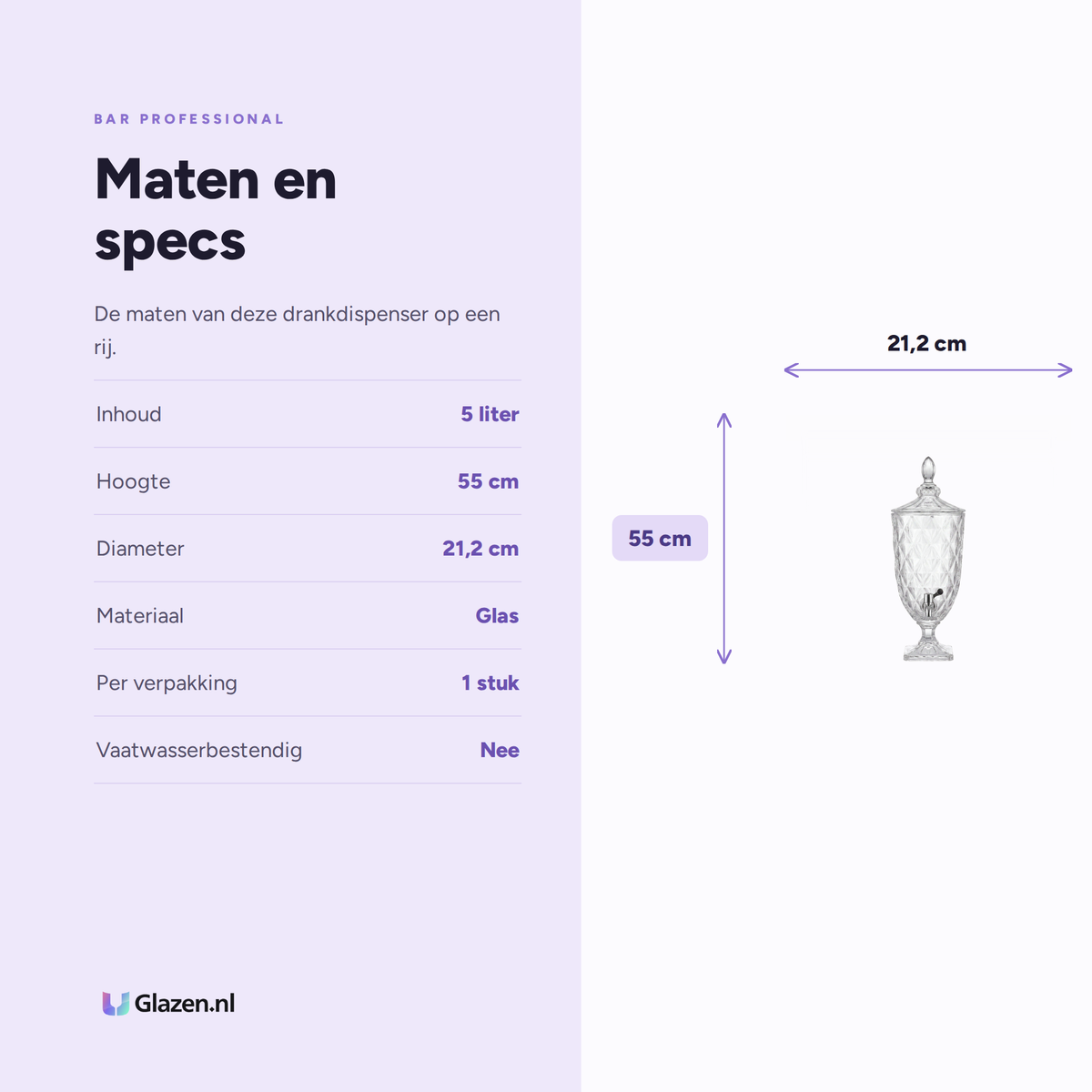 Maten en specs van de Bar Professional Drankdispenser Glas met Tap 5 Liter