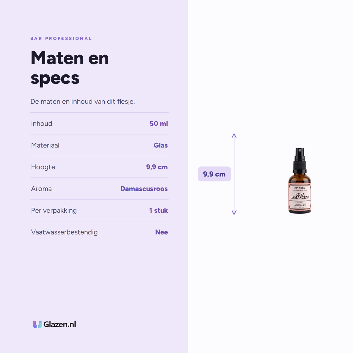 Infographic met de maten en specificaties van Bar Professional Essentia Aroma Damascusroos 50 ml