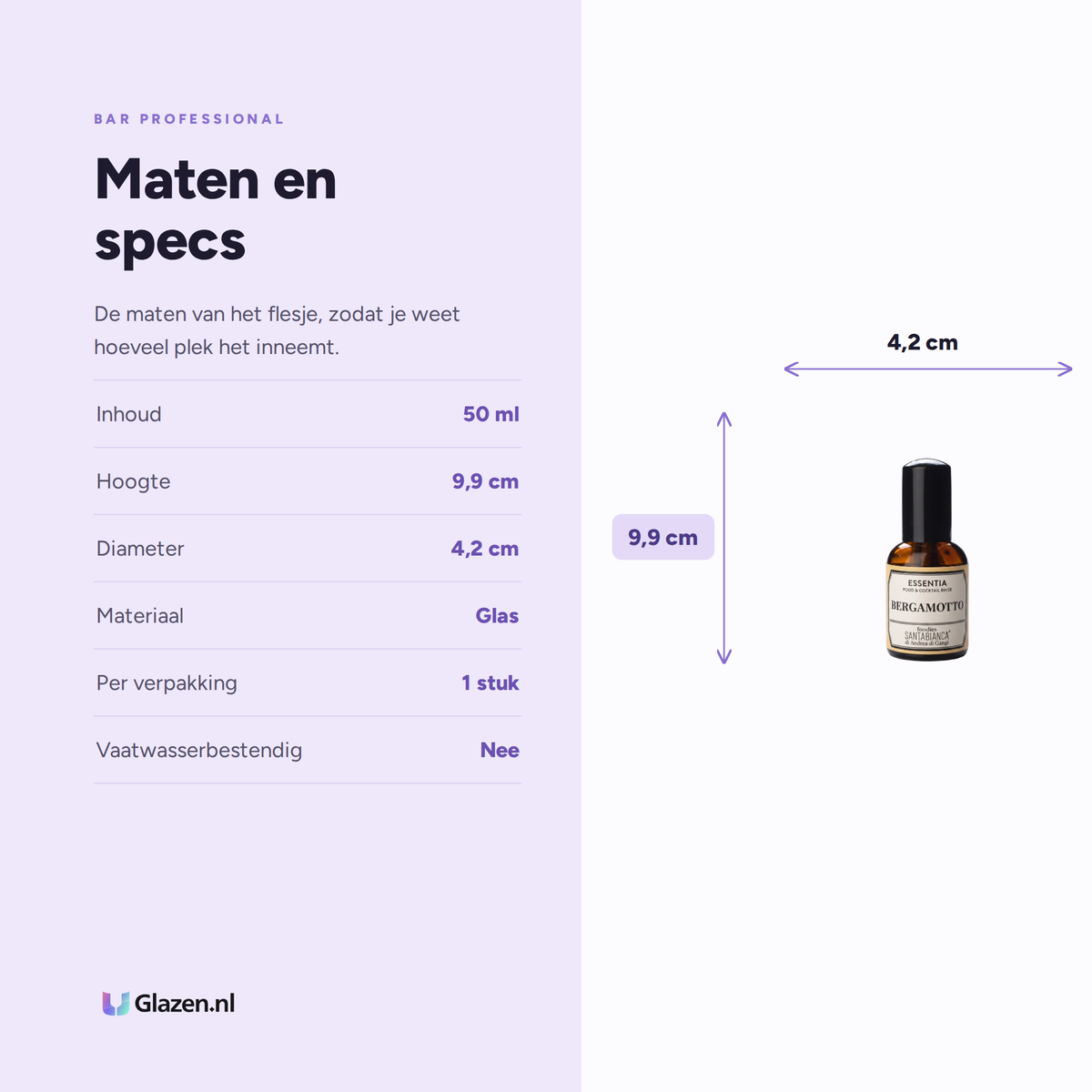 Maten en specs van de Bar Professional Essentia Bergamot Aroma Spray 50 Ml