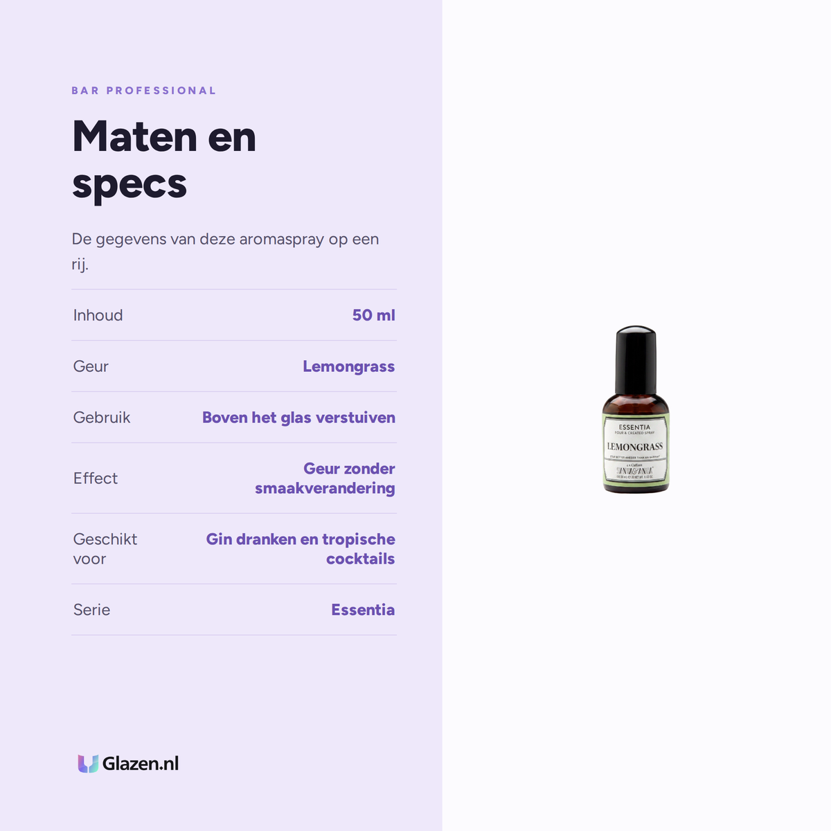 Maten en specificaties van de Essentia lemongrass aromaspray van 50 ml