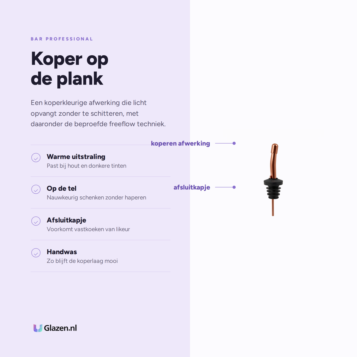 Eigenschappen van de Bar Professional freeflow schenktuit met dop in zwart en koper