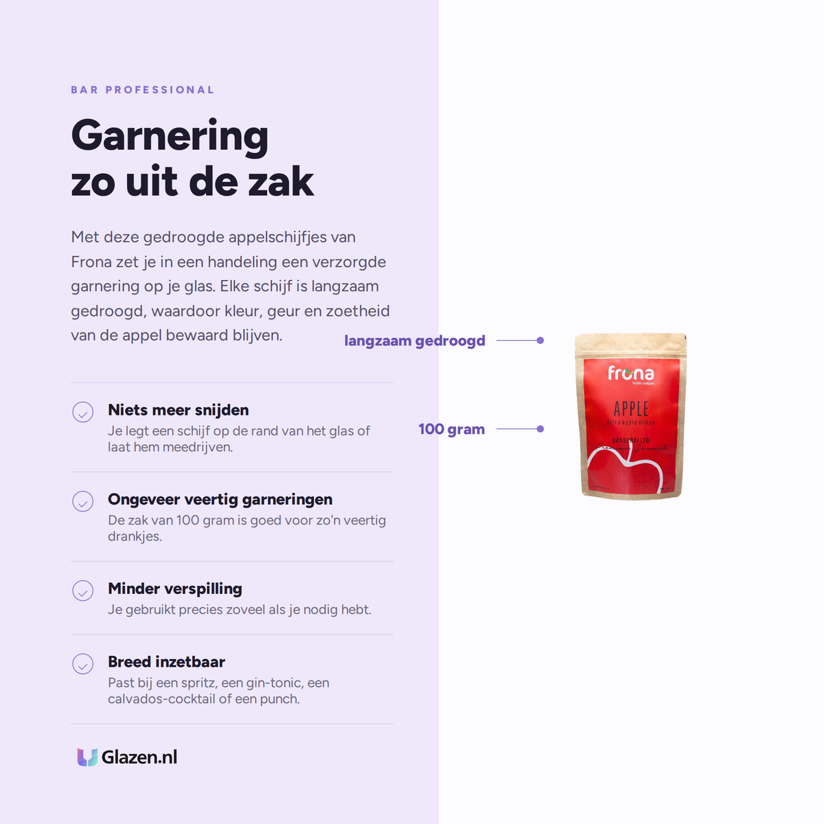 Bar Professional Frona Gedroogde Appelschijfjes 100 g eigenschappen - Glazen.nl